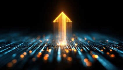 Abstract glowing orange arrow pointing up from a digital, dark blue data stream