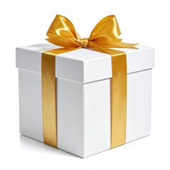 Obraz premium White gift box, gold ribbon & bow, studio shot