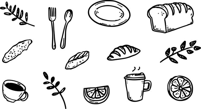 Bread and breakfast icons. Toast and plates, herbs, cup and cutlery. Simple hand-drawn doodle food set, clean black lines, isolated on white