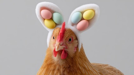 Chicken wearing festive bunny ears adorned with colorful eggs, showcasing a playful and whimsical atmosphere, perfect for holiday-themed celebrations and seasonal decorations