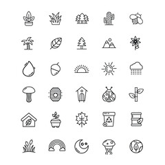 Nature and Ecology Line Icon Pack — Plants, Weather, Animals, Trees, Eco Symbols, Botanical Outline Set