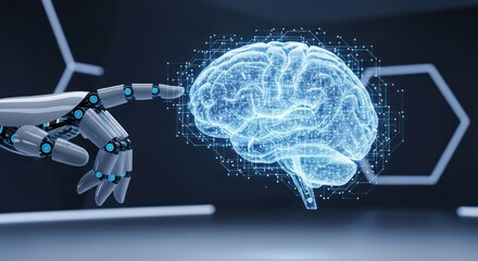 A robotic hand interacts with a glowing digital brain