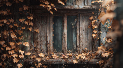 An Old window framed by autumnal leaves, evoking a sense of age and mystery. The rough wood and faded paint tell a story of time's passage