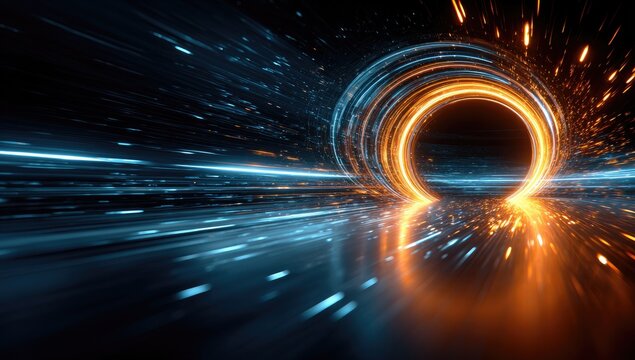 Vibrant glowing orange ring portal, streaking blue light trails, futuristic scene - Powered by Adobe