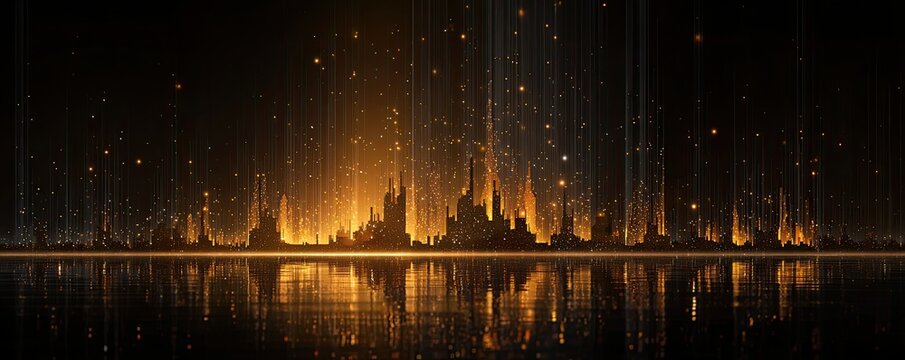 Glowing abstract cityscape silhouette with golden light rising, reflected in dark water - Powered by Adobe