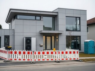 a building under construction with a heat pump and a construction fence