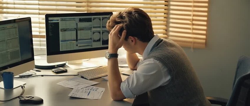 Stress in the Workplace: A solitary figure, burdened by the weight of professional demands, sits amidst a workstation, displaying the raw emotional toll of work stress and pressure.