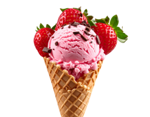 Image of a delicious cone with strawberry ice cream decorated on top with several str