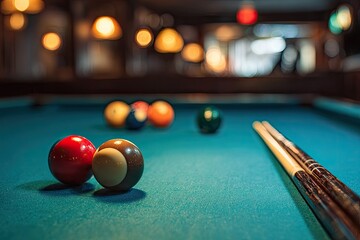 Close-up of pool balls and cues on a green table in a dimly lit bar setting