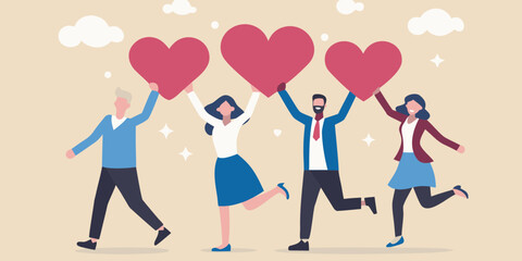 People joyfully holding red hearts aloft in a celebratory illustration