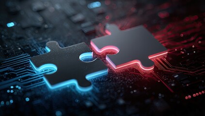 Two glowing puzzle pieces connecting over a dark, circuit board-like background