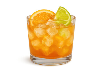 Refreshing orange cocktail with ice and citrus garnish, transparent background.