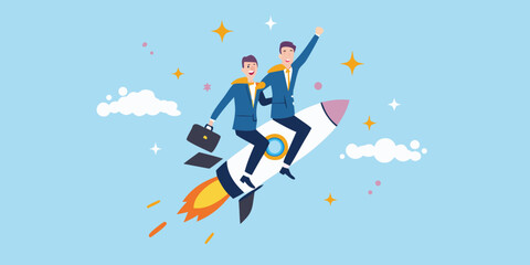 Two businessmen joyfully riding a rocket ship through a starry sky