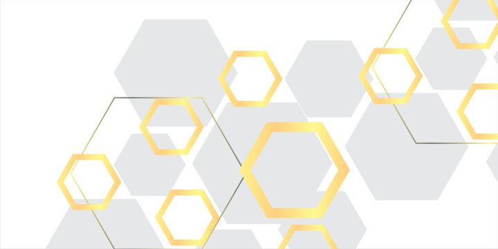 Modern luxury horizontal banner background with layers of golden hexagon shapes and shadow decoration. Trendy simple pentagon shape texture design. Luxury and elegant concept.