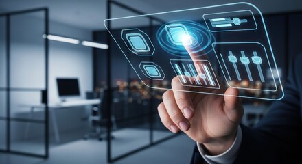 Hand touching futuristic digital interface with icons