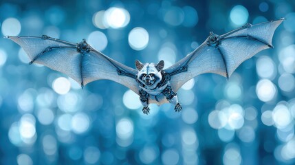 Robotic Bat Flying Against Blue Bokeh Background
