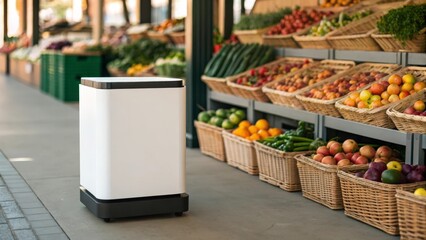 A white robotic device stands beside fresh produce at a market stall