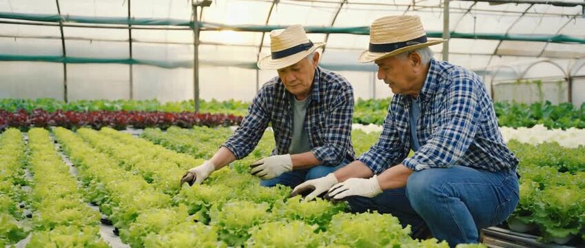 Cultivating Green Dreams: Two seasoned farmers meticulously tend to rows of lush, green lettuce within a sun-drenched greenhouse, epitomizing the harmony of nature and nurture.