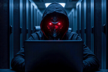 Black AI robot using laptop suspect steal data in data center server room with cyber security risk threat attack