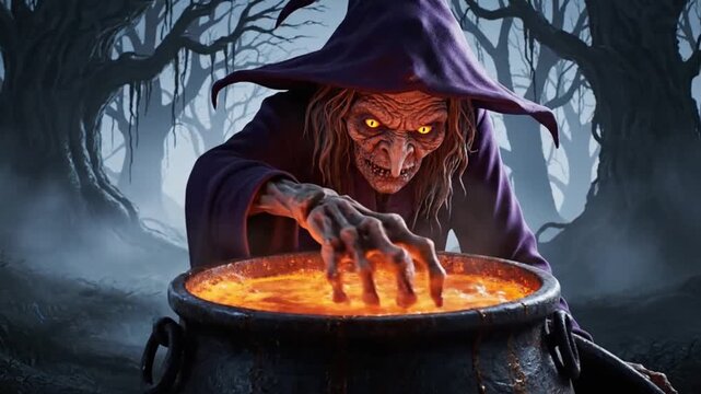 A witch in a purple robe and hat stirs a bubbling cauldron with her hand in a dark, foggy forest with twisted trees.