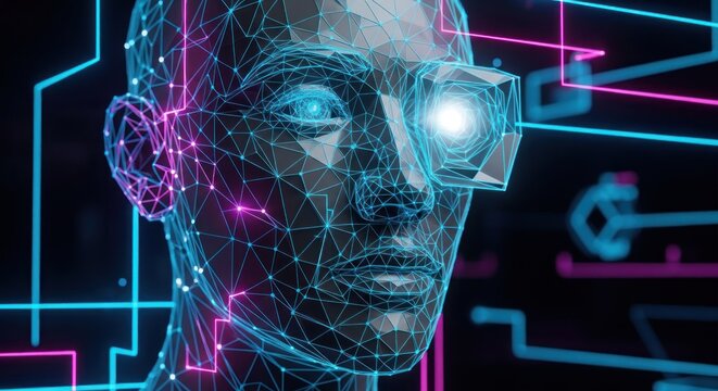 Wireframe head with VR headset against digital background - Powered by Adobe