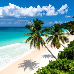 Obraz premium A tranquil beach scene with white sand, turquoise water, palm trees, and vibrant blue sky with fluffy clouds