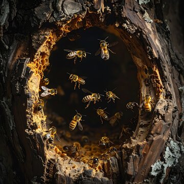 A swarm of bees flies into a knothole of a textured tree trunk, showcasing nature's wonder