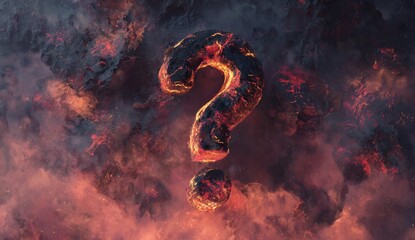 A fiery question mark made of glowing lava and dark rock emerges from a volcanic landscape