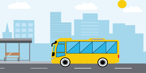 yellow city bus stop. public urban transport on background of design dusk with cloud sky landscape on flat vector illustration.