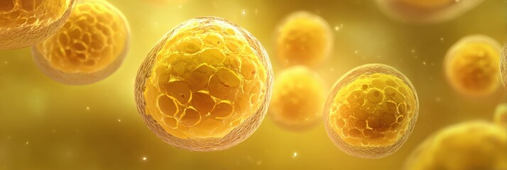AI Generated 3D Render of Yellow Fat Cells Adipose Tissue Microscopic View on Golden Background
