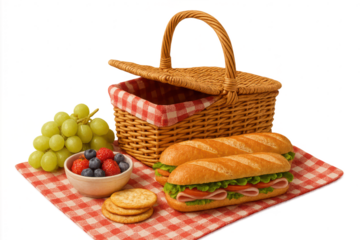 Classic picnic basket, sandwiches, fruits, crackers, transparent background.