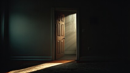 Fototapeta premium Bright sunlight pours through a slightly ajar wooden door into a dark room