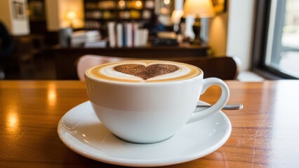 Obraz premium Cappuccino with heart latte art in a cafe setting
