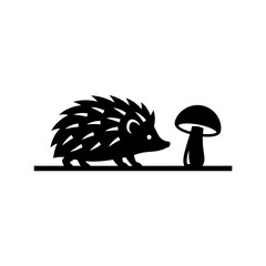 Hedgehog silhouette sniffing wild mushroom vector illustration