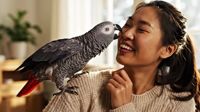 Womans Affectionate Bond with Her African Grey Parrot - A Heartwarming Moment.