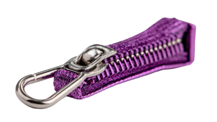 Purple zipper puller detail showing close textured hardware design with bright modern accessory element on white background