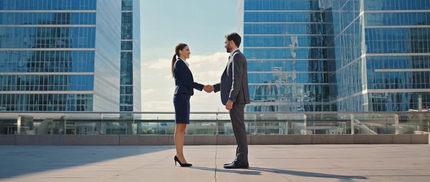 Business handshake with skyscraper: Two business professionals seal a deal with a firm handshake, standing before impressive skyscrapers, symbolizing trust, partnership, and corporate success.