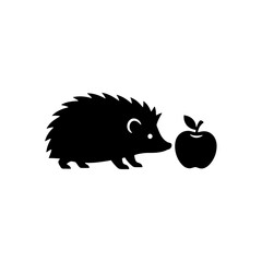 Hedgehog silhouette interacting with single apple vector illustration
