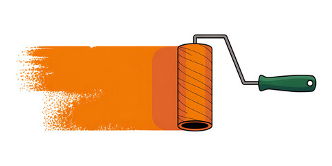Artistic paint roller. Construction roller with orange paint png. Paint mark Isolated on white and transparent background