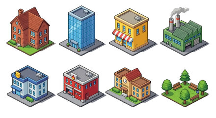 Isometric city buildings and urban infrastructure icon set