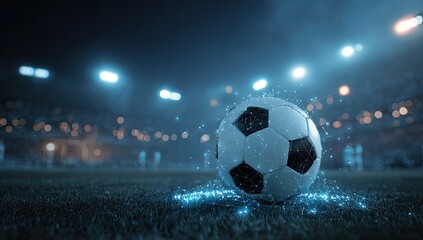 Futuristic soccer ball with glowing blue particles on a dark stadium field