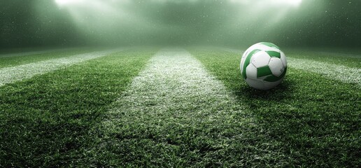 Green and white soccer ball on a stadium grass field under bright foggy lights