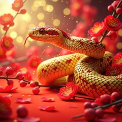 Fototapeta premium Stunning golden snake coils among vibrant red blossoms celebrating Lunar New Year
