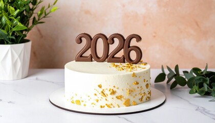 Elegant white cake with chocolate “2026” topper and gold accents, celebrating a festive milestone.