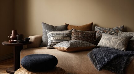 Comfortable sofa with diverse textured pillows, a warm throw, and decorative pottery