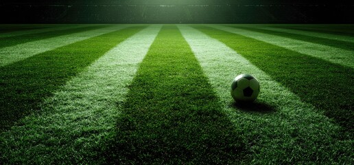 A soccer ball rests on a striped green grass field under bright stadium lights at night