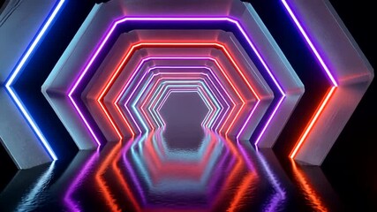 A futuristic hexagonal tunnel with glowing neon lights reflected on a wet floor - Powered by Adobe