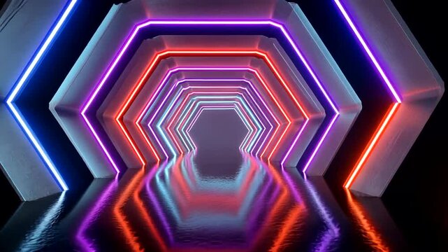 A futuristic hexagonal tunnel with glowing neon lights reflected on a wet floor