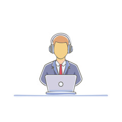 Virtual assistant wearing headphones working on computer, support specialist. Online communication illustration
