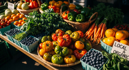 Vibrant assortment of fresh organic produce at a farmers market stall